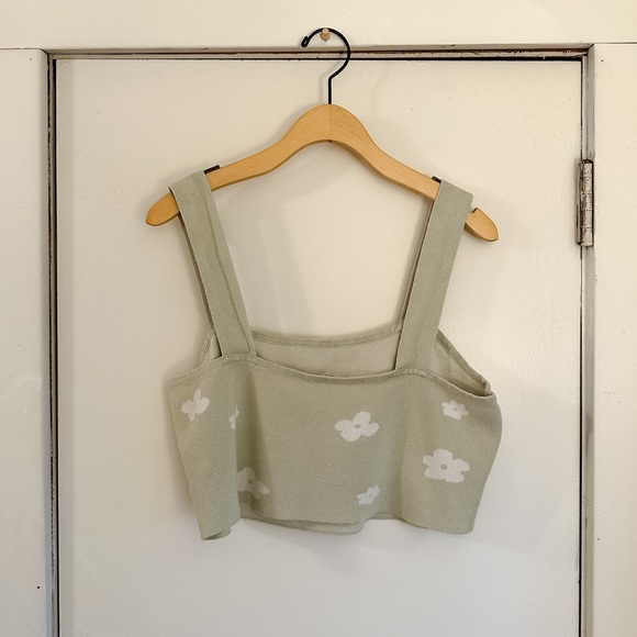 Retro Floral Print Mint Green Cotton Knit Cropped Sweater Tank - Picture 2 of 2